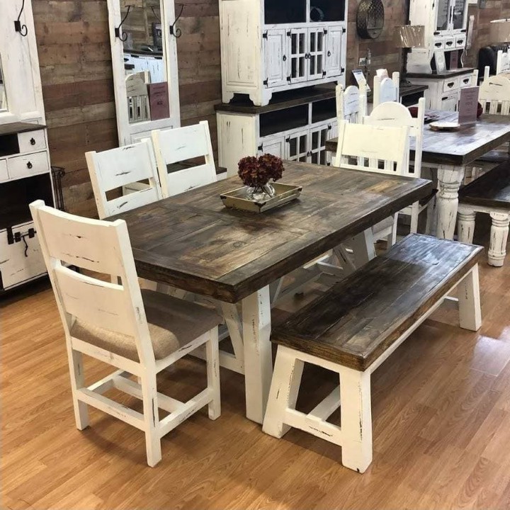 Reclaimed Wood Rustic Dining Table and Bench | Distressed Finish