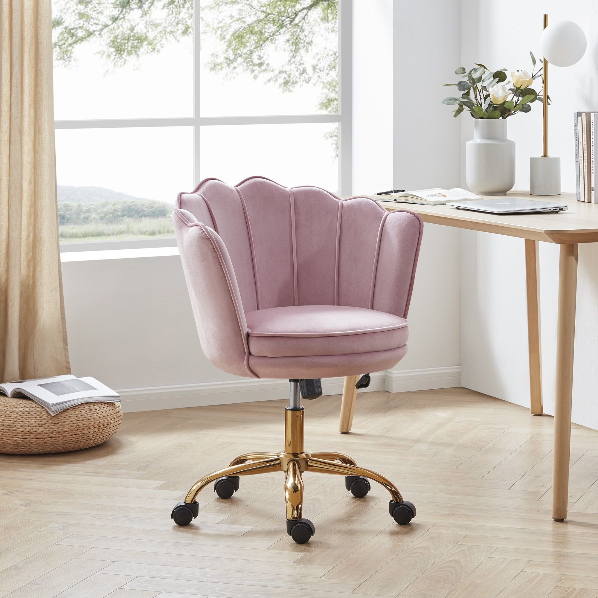 Belleze Kaylee Office Chair Upholstered Velvet Seashell Swivel Desk ... inside Office Chair Pink