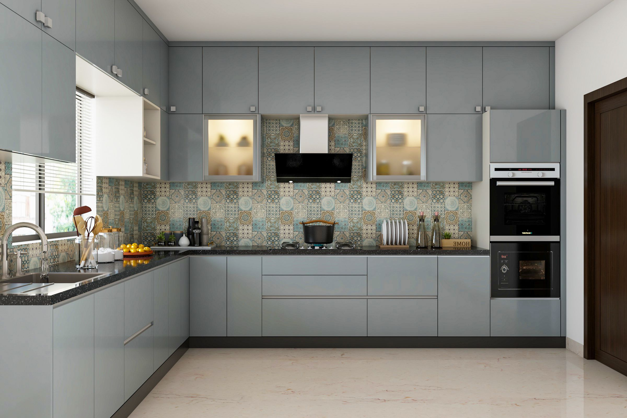 L-Shaped Modern Kitchen Design With Frosted Glass - Livspace with Kitchen Ideas L Shape