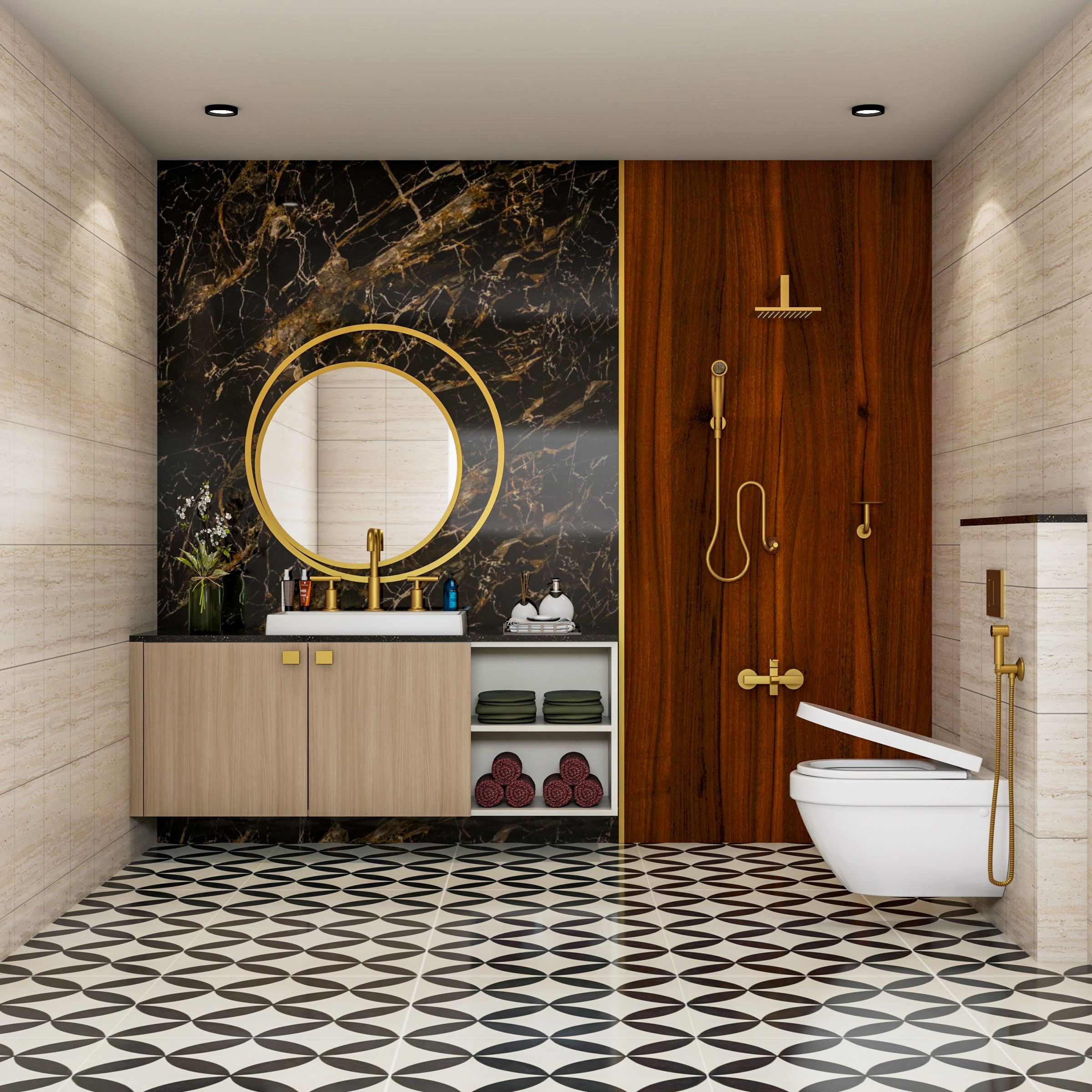 Modern Bathroom Interior Design Idea With Patterned Tiles | Livspace throughout Smart Storage Solutions in Bathroom Interior Design Ideas for Clutter-Free Spaces