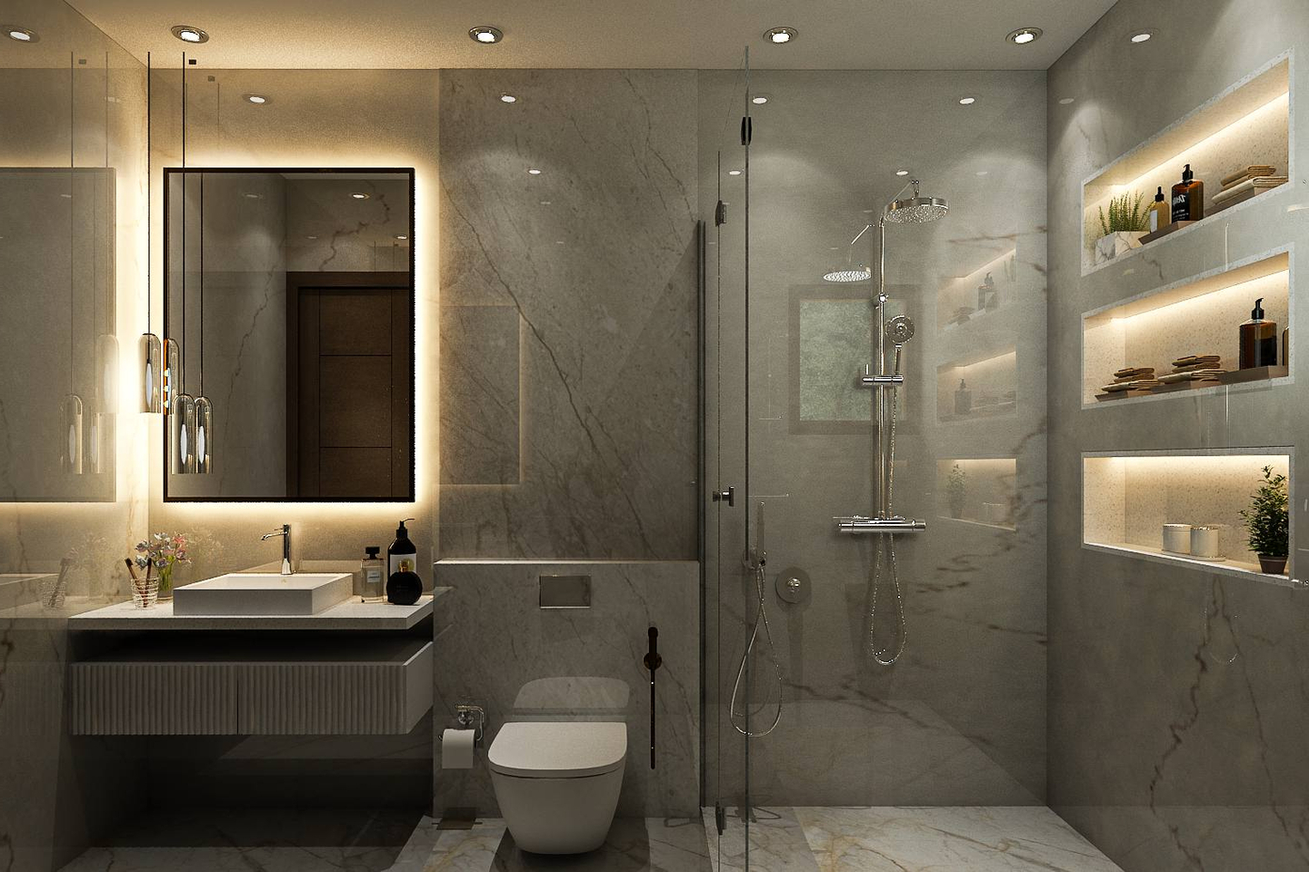 Modern Spacious Bathroom Design With Warm Lights | Livspace for Choosing the right tile patterns that make bathrooms feel larger and more elegant
